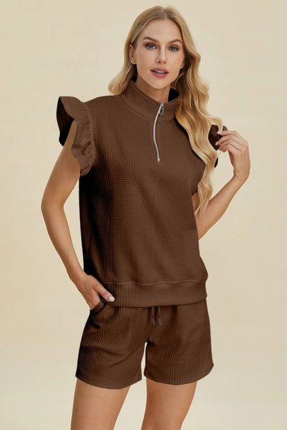 Double Take Full Size Texture Flounce Sleeve Top and Shorts Set - Bitsy Gypsy Boutique