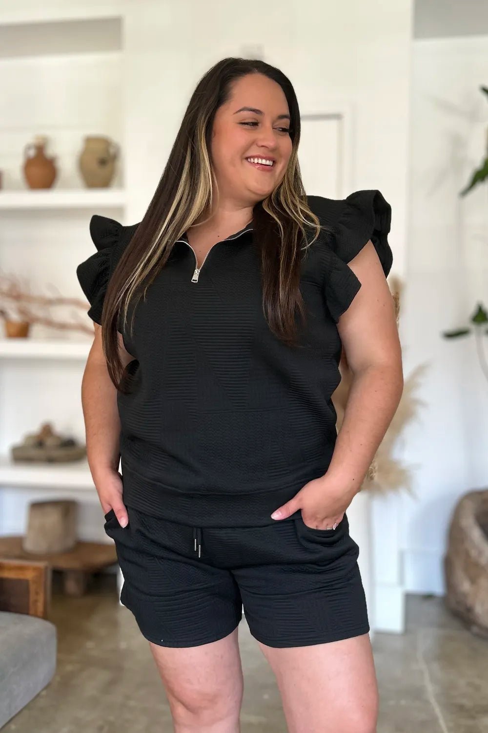 Double Take Full Size Texture Flounce Sleeve Top and Shorts Set - Bitsy Gypsy Boutique