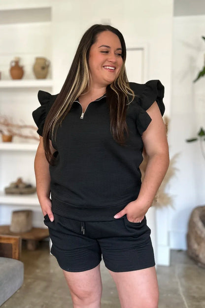 Double Take Full Size Texture Flounce Sleeve Top and Shorts Set - Bitsy Gypsy Boutique