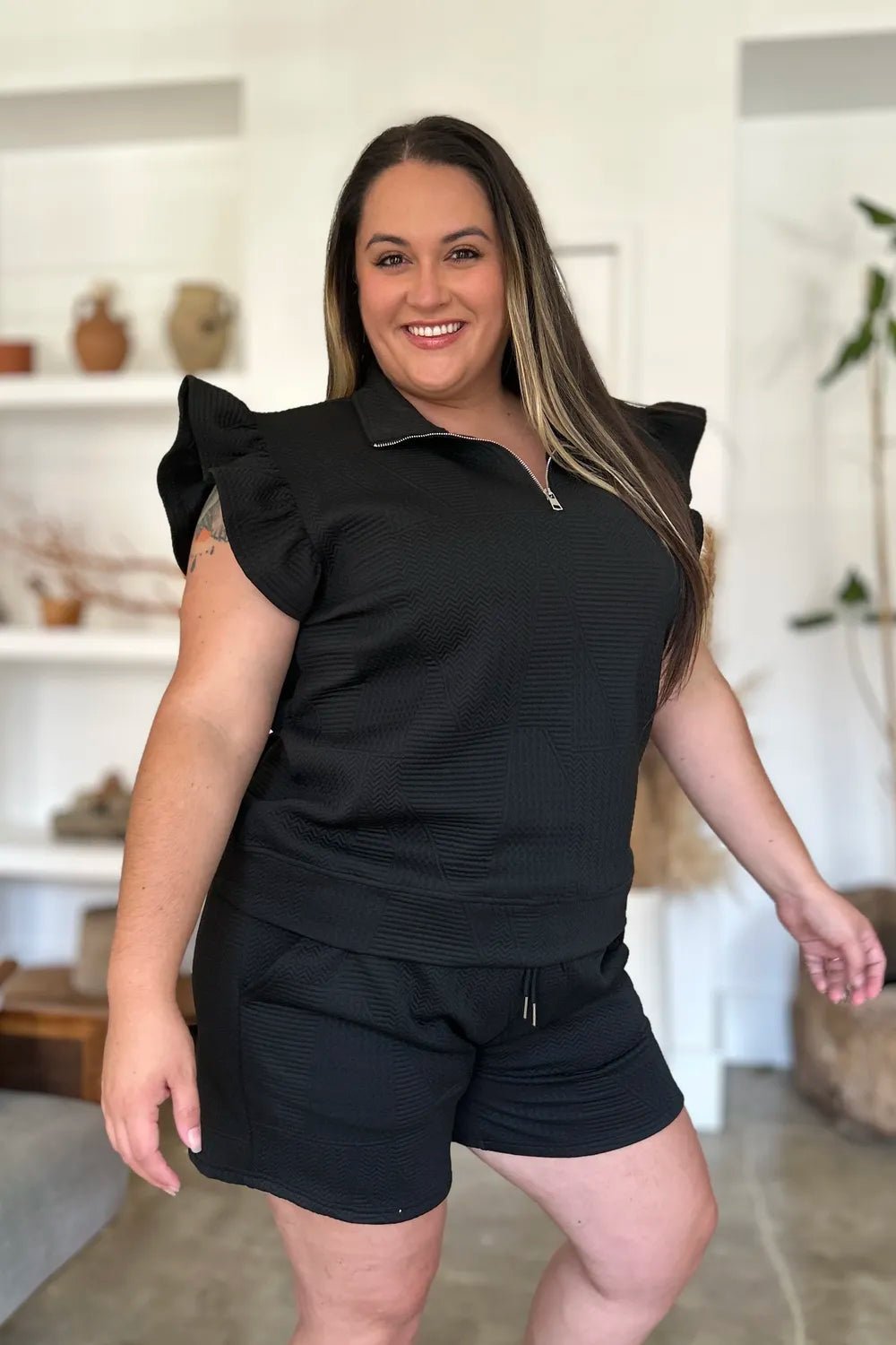 Double Take Full Size Texture Flounce Sleeve Top and Shorts Set - Bitsy Gypsy Boutique