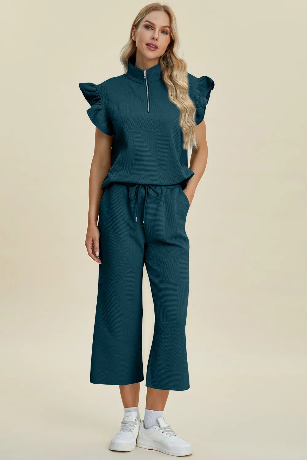 Double Take Full Size Texture Ruffle Short Sleeve Top and Wide Leg Pants Set - Bitsy Gypsy Boutique
