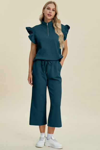 Double Take Full Size Texture Ruffle Short Sleeve Top and Wide Leg Pants Set - Bitsy Gypsy Boutique