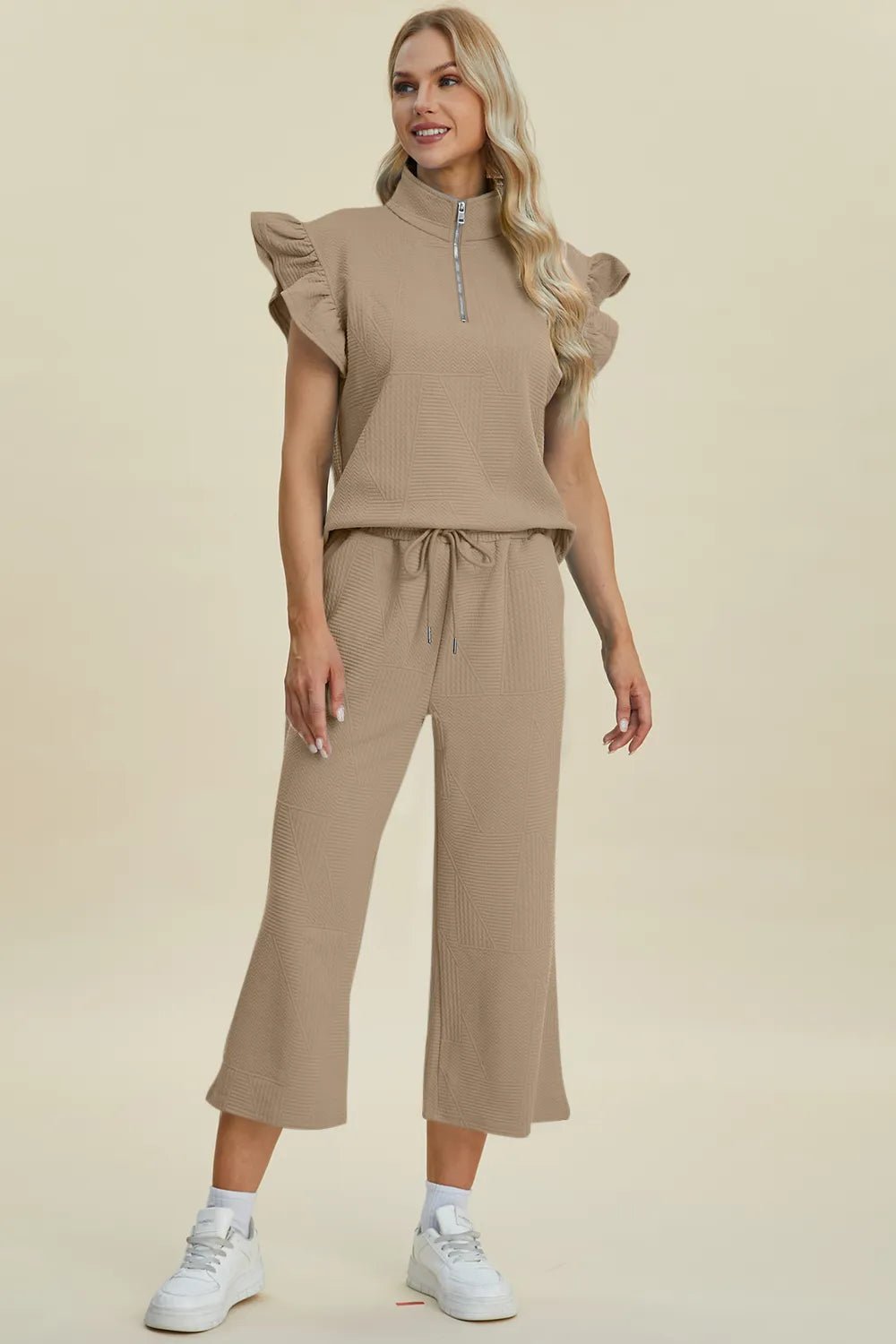 Double Take Full Size Texture Ruffle Short Sleeve Top and Wide Leg Pants Set - Bitsy Gypsy Boutique