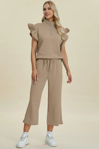 Double Take Full Size Texture Ruffle Short Sleeve Top and Wide Leg Pants Set - Bitsy Gypsy Boutique