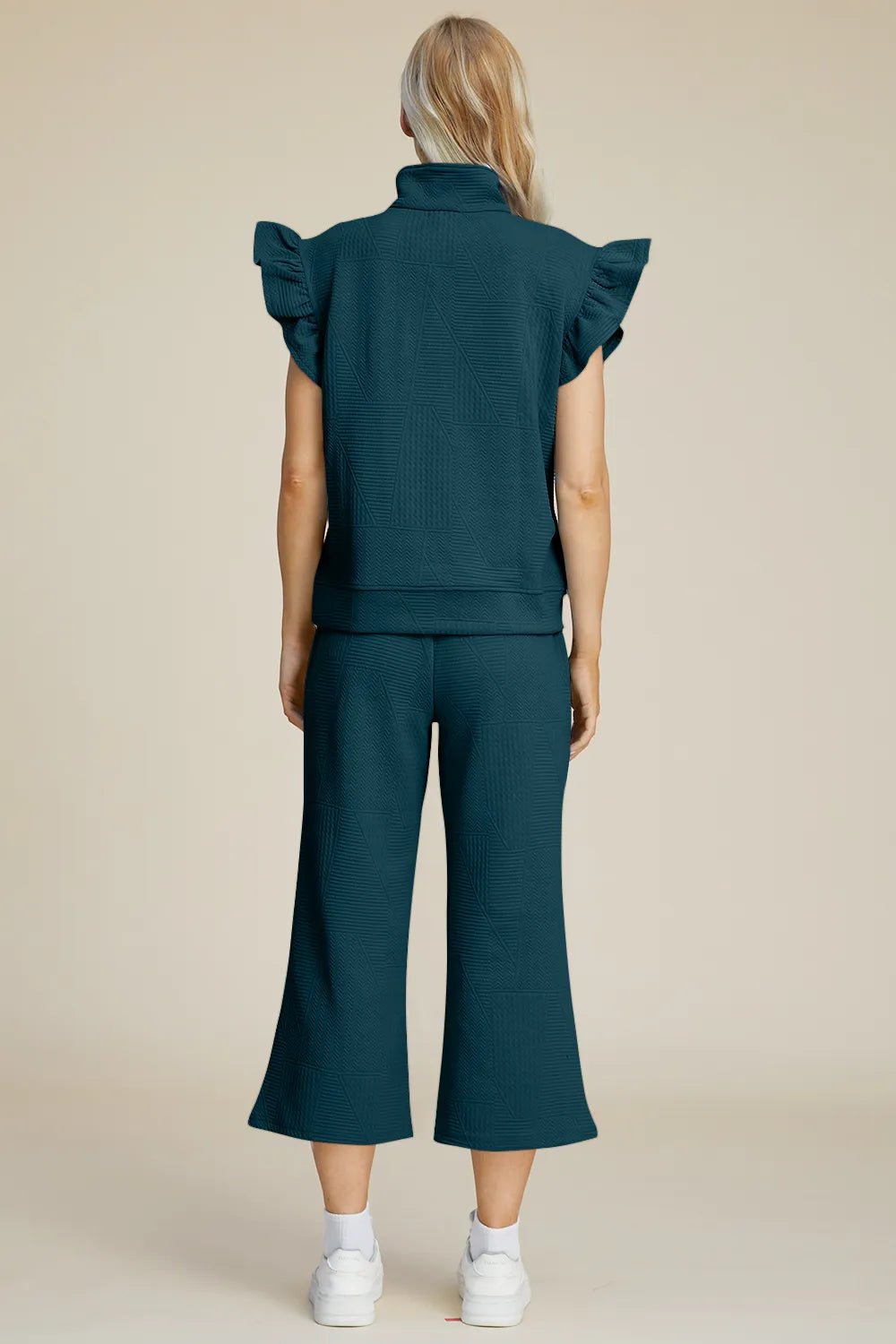 Double Take Full Size Texture Ruffle Short Sleeve Top and Wide Leg Pants Set - Bitsy Gypsy Boutique
