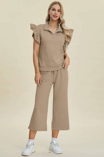 Double Take Full Size Texture Ruffle Short Sleeve Top and Wide Leg Pants Set - Bitsy Gypsy Boutique