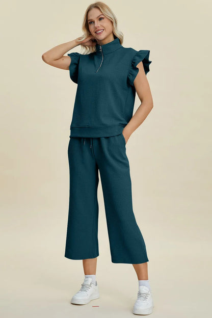 Double Take Full Size Texture Ruffle Short Sleeve Top and Wide Leg Pants Set - Bitsy Gypsy Boutique