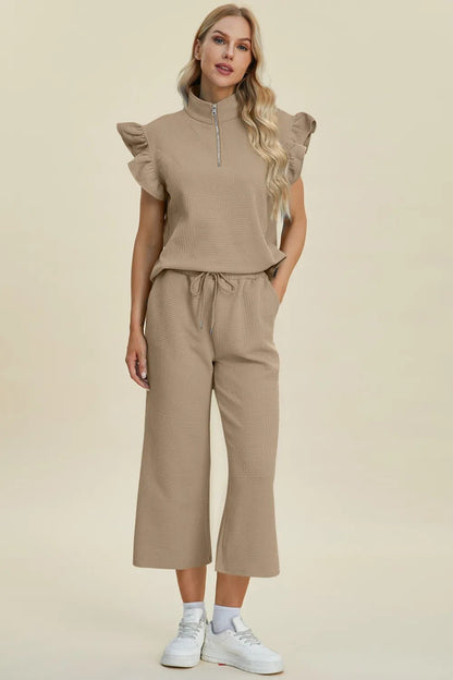 Double Take Full Size Texture Ruffle Short Sleeve Top and Wide Leg Pants Set - Bitsy Gypsy Boutique