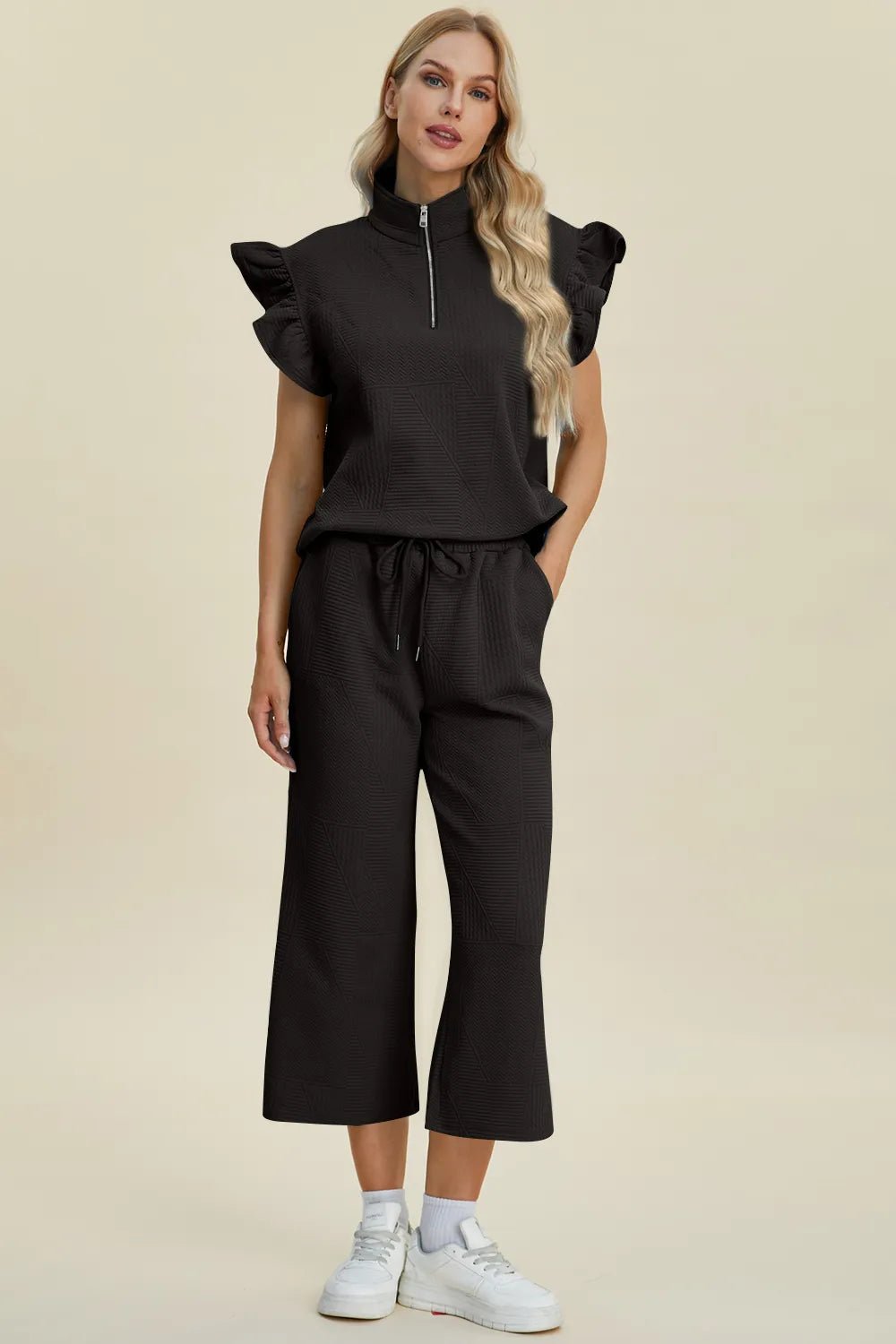 Double Take Full Size Texture Ruffle Short Sleeve Top and Wide Leg Pants Set - Bitsy Gypsy Boutique