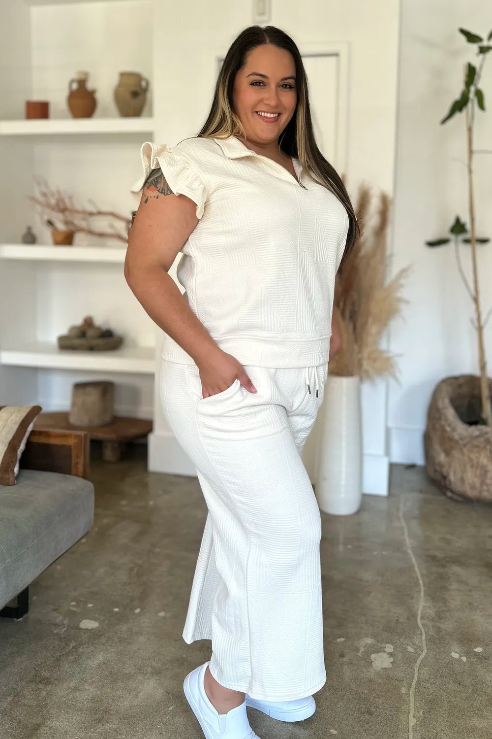 Double Take Full Size Texture Ruffle Short Sleeve Top and Wide Leg Pants Set - Bitsy Gypsy Boutique