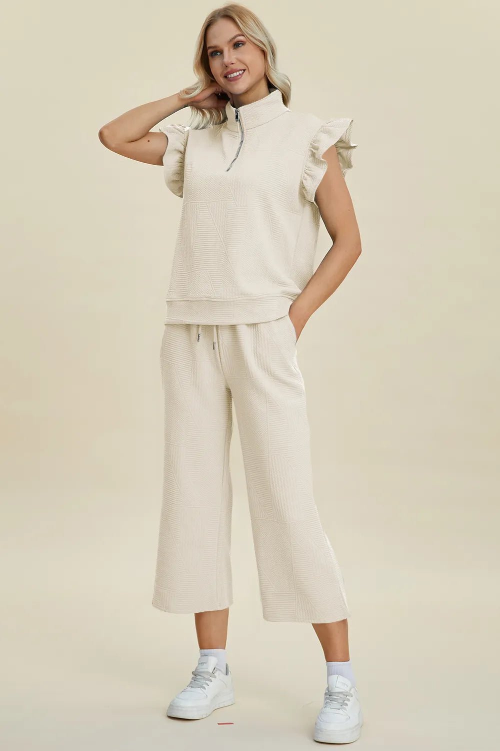 Double Take Full Size Texture Ruffle Short Sleeve Top and Wide Leg Pants Set - Bitsy Gypsy Boutique
