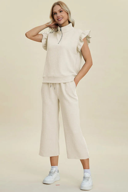 Double Take Full Size Texture Ruffle Short Sleeve Top and Wide Leg Pants Set - Bitsy Gypsy Boutique