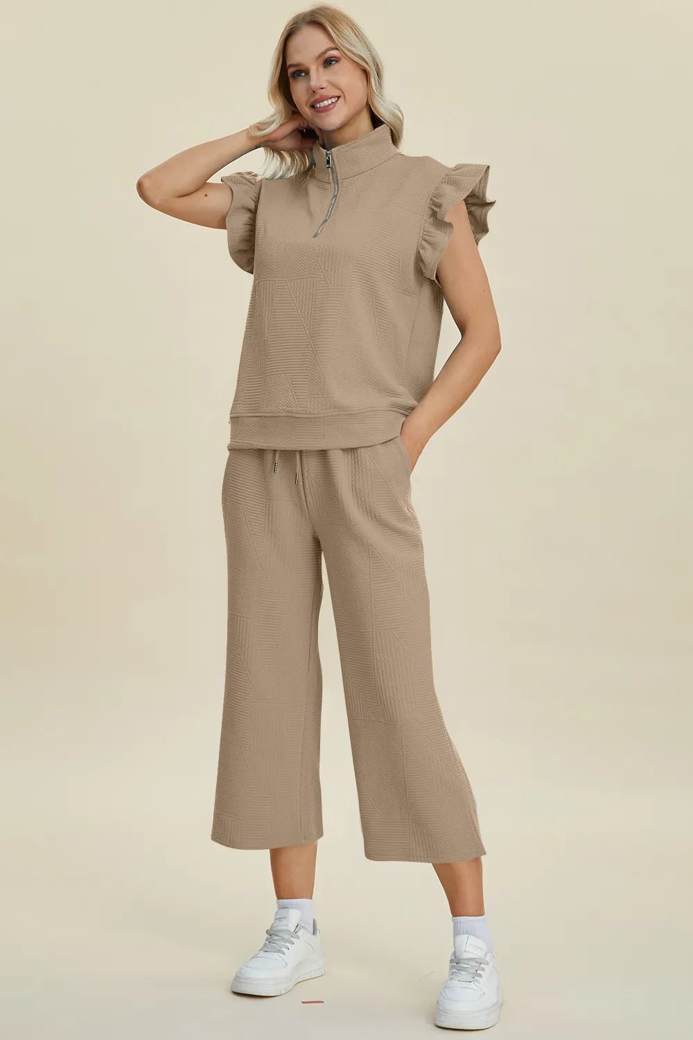 Double Take Full Size Texture Ruffle Short Sleeve Top and Wide Leg Pants Set - Bitsy Gypsy Boutique