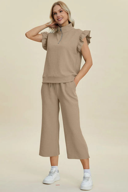 Double Take Full Size Texture Ruffle Short Sleeve Top and Wide Leg Pants Set - Bitsy Gypsy Boutique