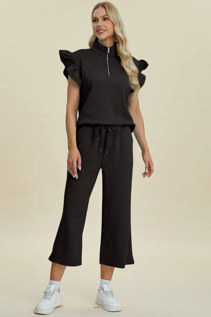 Double Take Full Size Texture Ruffle Short Sleeve Top and Wide Leg Pants Set - Bitsy Gypsy Boutique