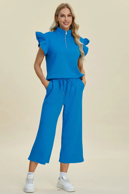 Double Take Full Size Texture Ruffle Short Sleeve Top and Wide Leg Pants Set - Bitsy Gypsy Boutique