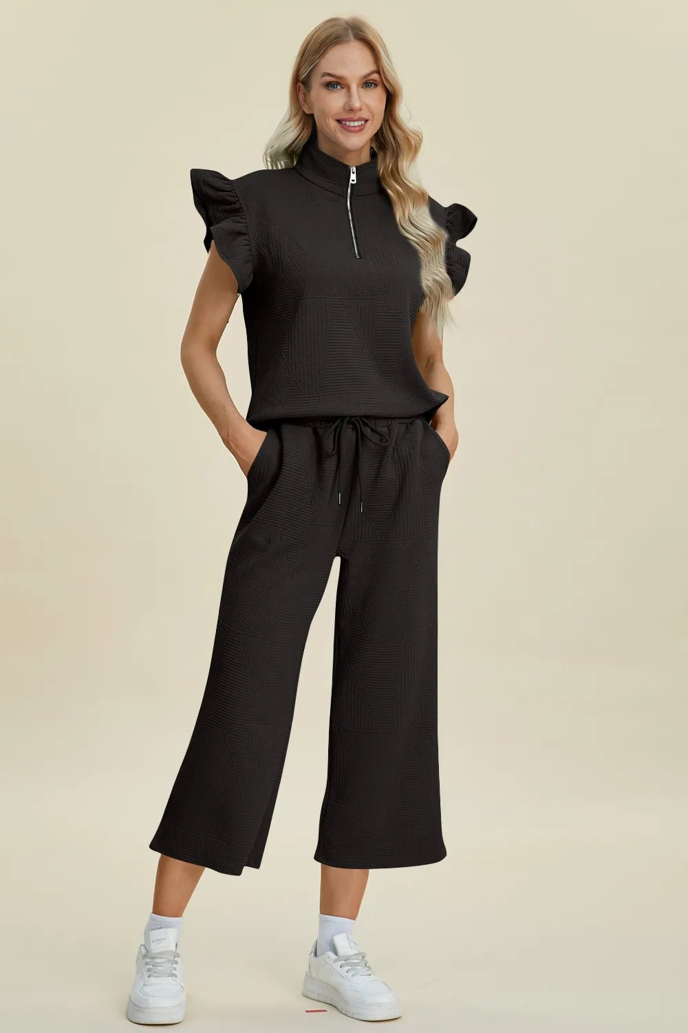 Double Take Full Size Texture Ruffle Short Sleeve Top and Wide Leg Pants Set - Bitsy Gypsy Boutique