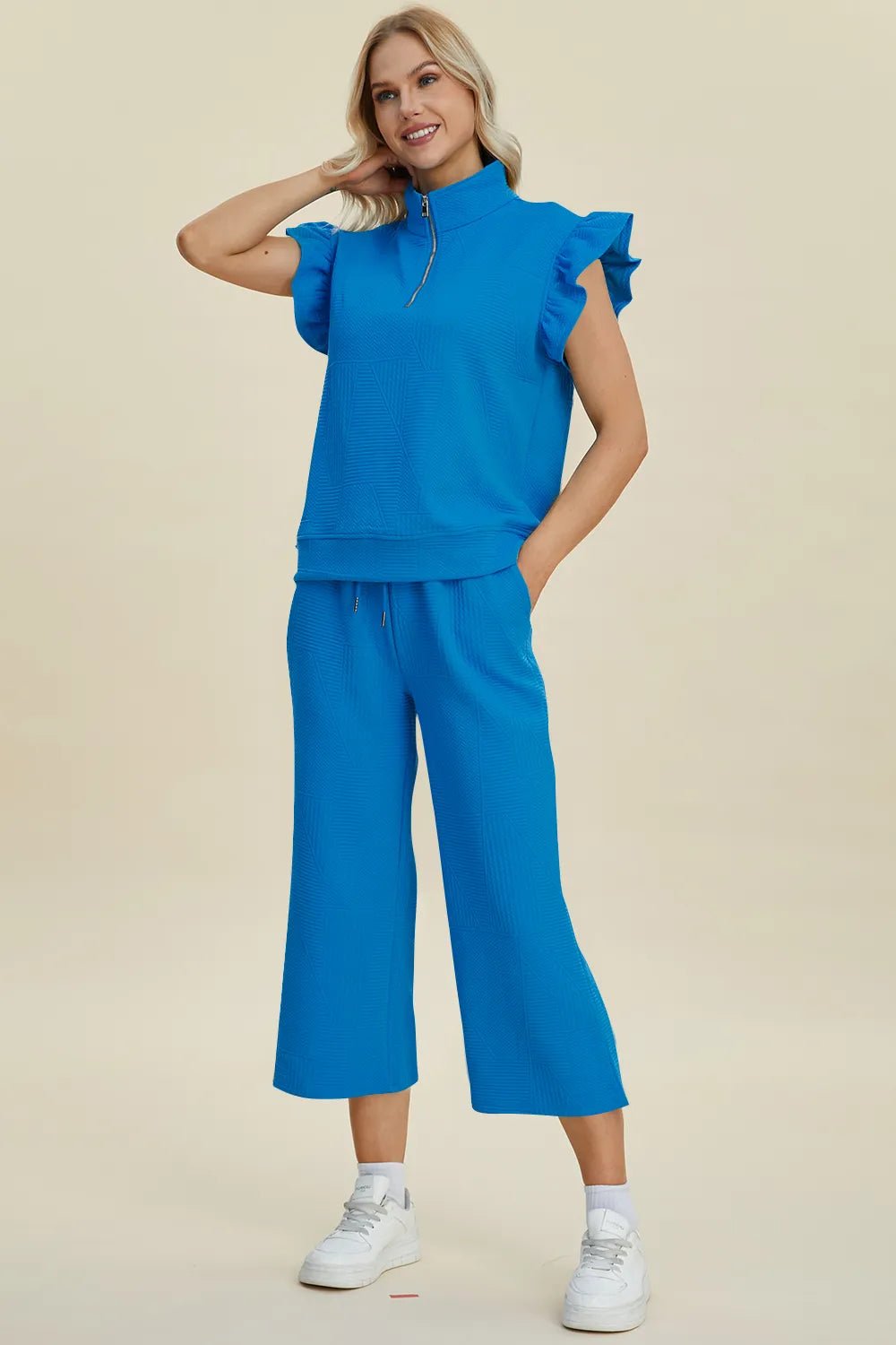 Double Take Full Size Texture Ruffle Short Sleeve Top and Wide Leg Pants Set - Bitsy Gypsy Boutique