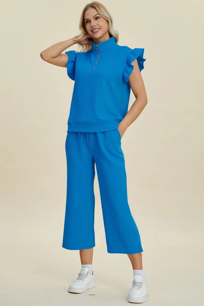 Double Take Full Size Texture Ruffle Short Sleeve Top and Wide Leg Pants Set - Bitsy Gypsy Boutique