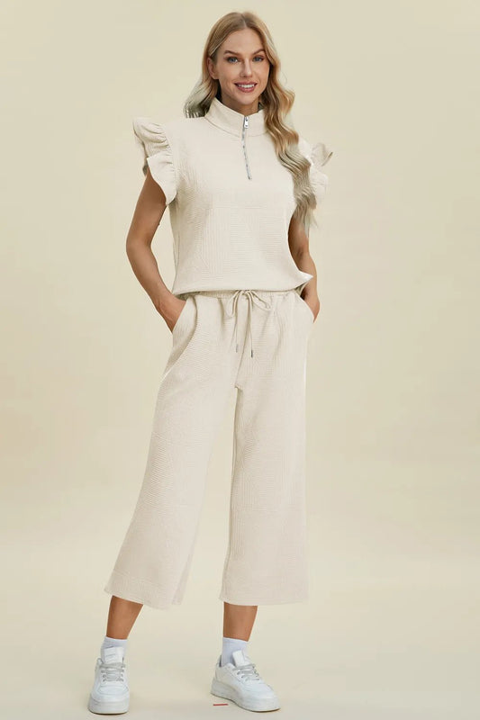 Double Take Full Size Texture Ruffle Short Sleeve Top and Wide Leg Pants Set - Bitsy Gypsy Boutique