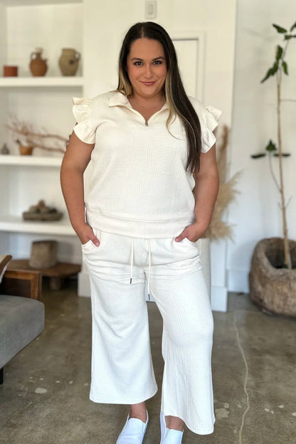 Double Take Full Size Texture Ruffle Short Sleeve Top and Wide Leg Pants Set - Bitsy Gypsy Boutique