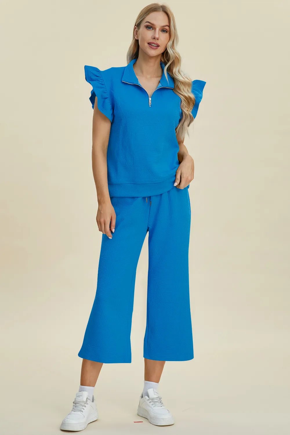 Double Take Full Size Texture Ruffle Short Sleeve Top and Wide Leg Pants Set - Bitsy Gypsy Boutique