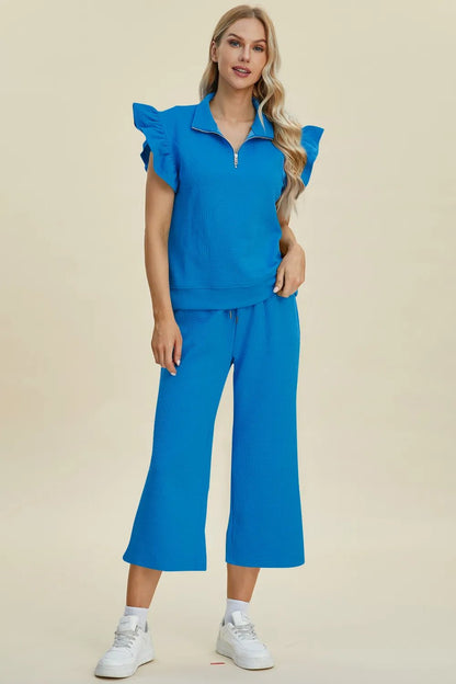 Double Take Full Size Texture Ruffle Short Sleeve Top and Wide Leg Pants Set - Bitsy Gypsy Boutique