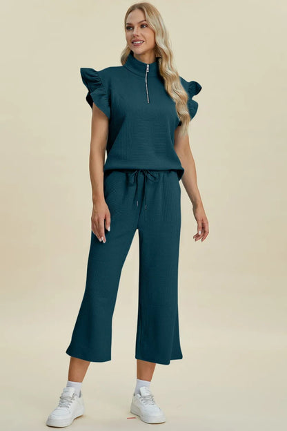 Double Take Full Size Texture Ruffle Short Sleeve Top and Wide Leg Pants Set - Bitsy Gypsy Boutique