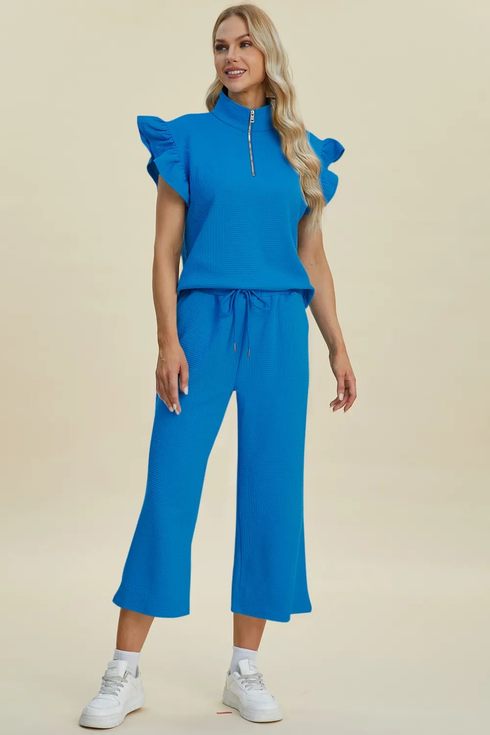 Double Take Full Size Texture Ruffle Short Sleeve Top and Wide Leg Pants Set - Bitsy Gypsy Boutique