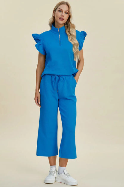 Double Take Full Size Texture Ruffle Short Sleeve Top and Wide Leg Pants Set - Bitsy Gypsy Boutique