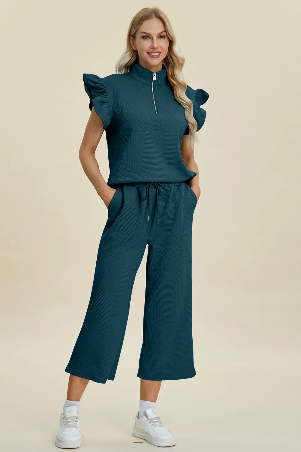 Double Take Full Size Texture Ruffle Short Sleeve Top and Wide Leg Pants Set - Bitsy Gypsy Boutique