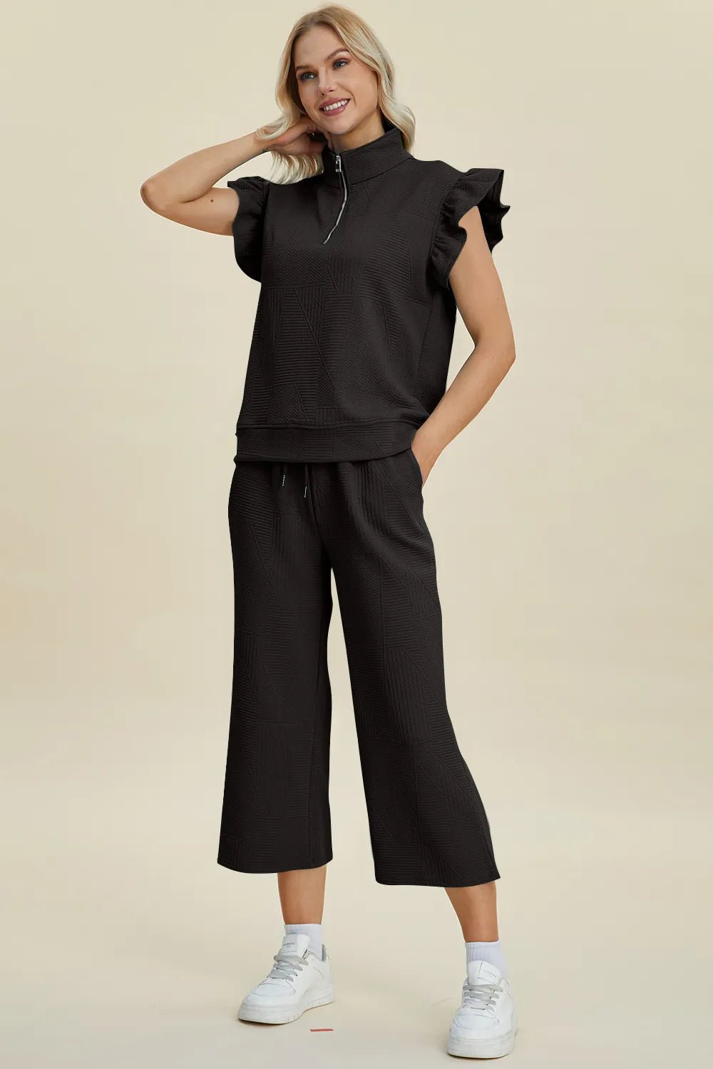 Double Take Full Size Texture Ruffle Short Sleeve Top and Wide Leg Pants Set - Bitsy Gypsy Boutique