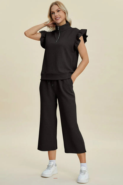 Double Take Full Size Texture Ruffle Short Sleeve Top and Wide Leg Pants Set - Bitsy Gypsy Boutique