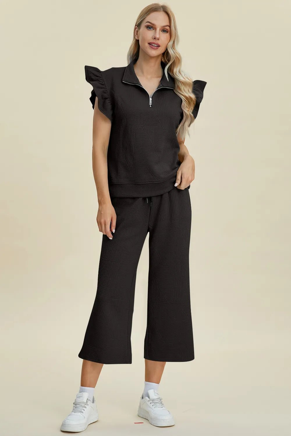 Double Take Full Size Texture Ruffle Short Sleeve Top and Wide Leg Pants Set - Bitsy Gypsy Boutique