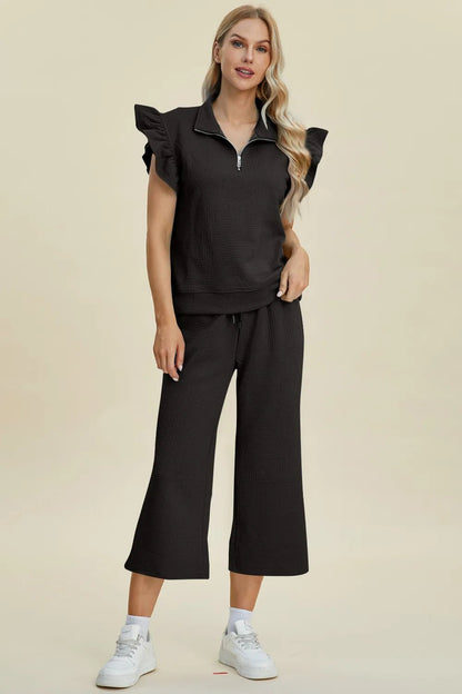 Double Take Full Size Texture Ruffle Short Sleeve Top and Wide Leg Pants Set - Bitsy Gypsy Boutique