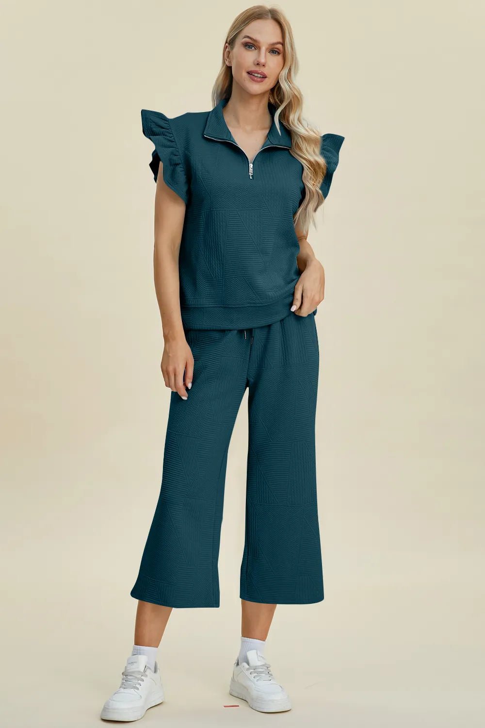 Double Take Full Size Texture Ruffle Short Sleeve Top and Wide Leg Pants Set - Bitsy Gypsy Boutique