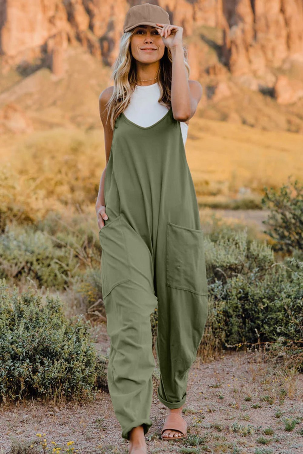 Double Take Full Size V - Neck Sleeveless Jumpsuit with Pockets - Bitsy Gypsy Boutique