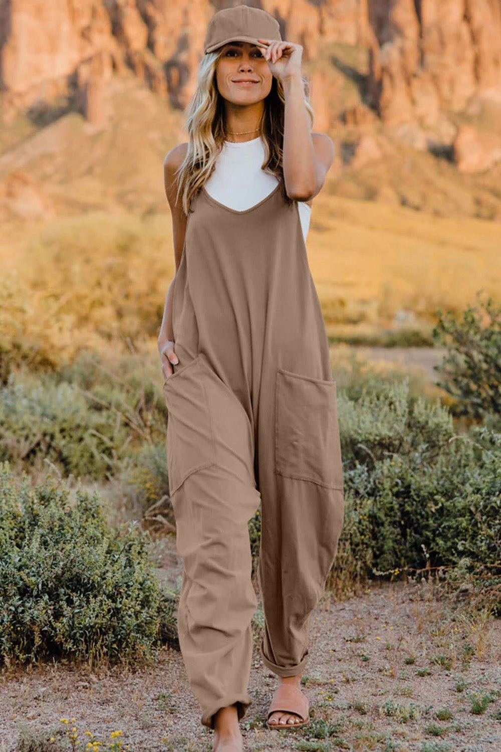 Double Take Full Size V - Neck Sleeveless Jumpsuit with Pockets - Bitsy Gypsy Boutique