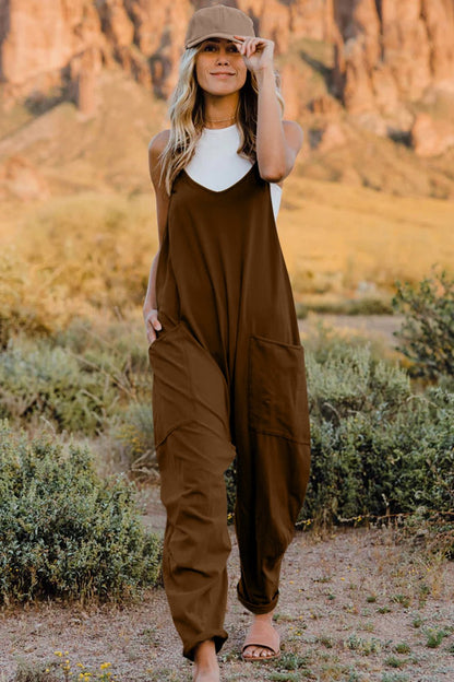 Double Take Full Size V - Neck Sleeveless Jumpsuit with Pockets - Bitsy Gypsy Boutique