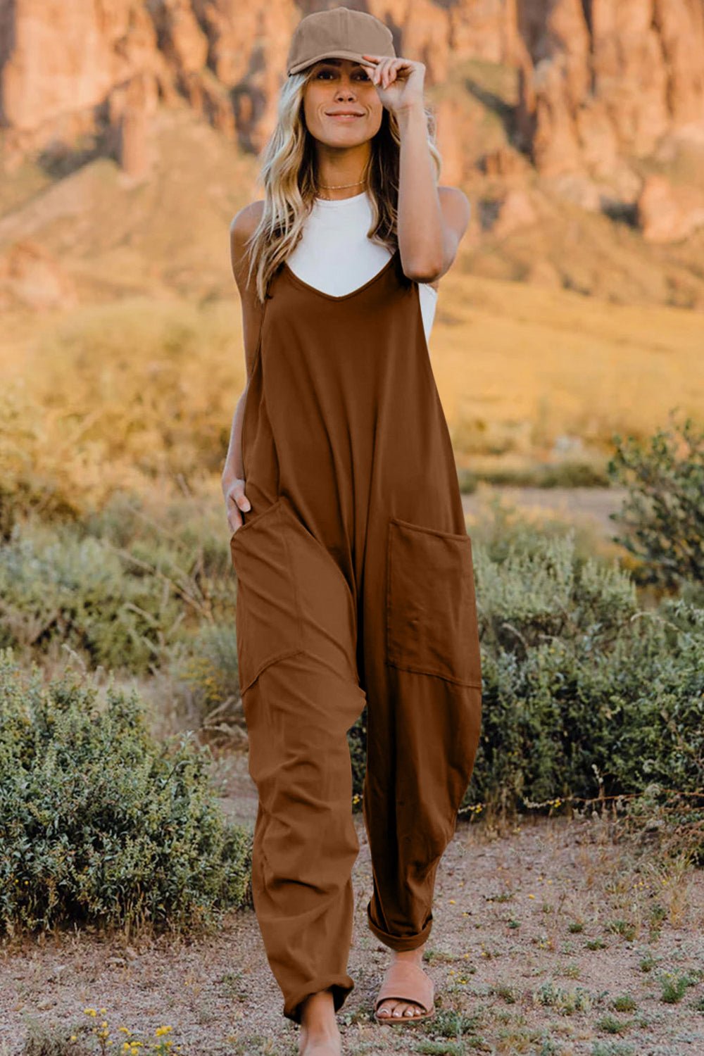 Double Take Full Size V - Neck Sleeveless Jumpsuit with Pockets - Bitsy Gypsy Boutique