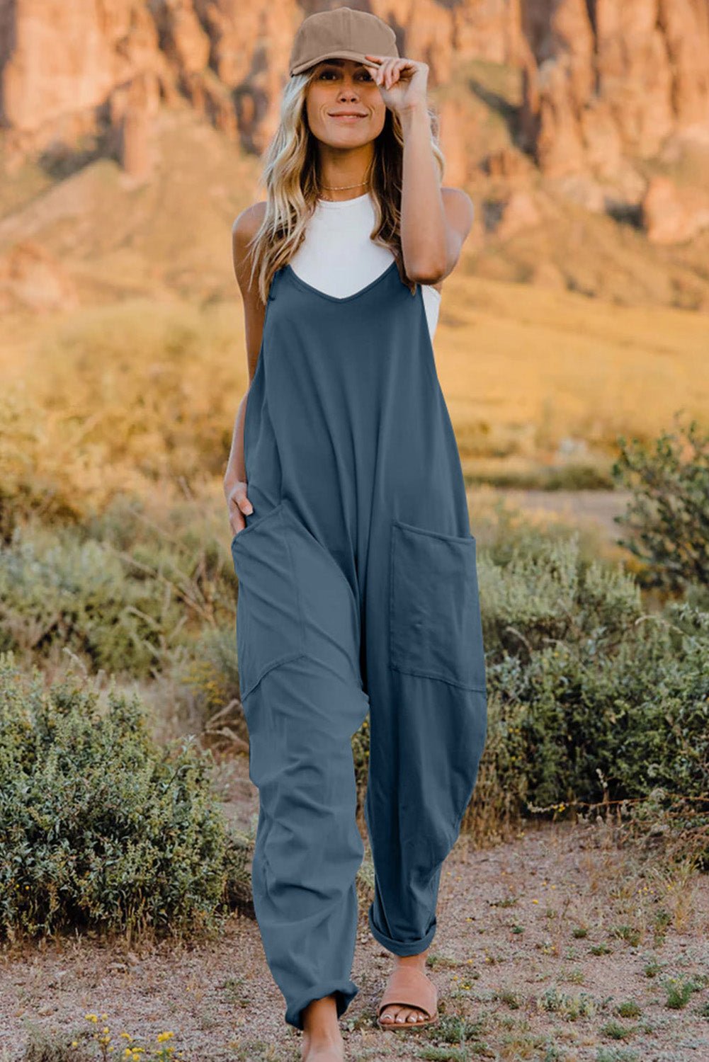 Double Take Full Size V - Neck Sleeveless Jumpsuit with Pockets - Bitsy Gypsy Boutique