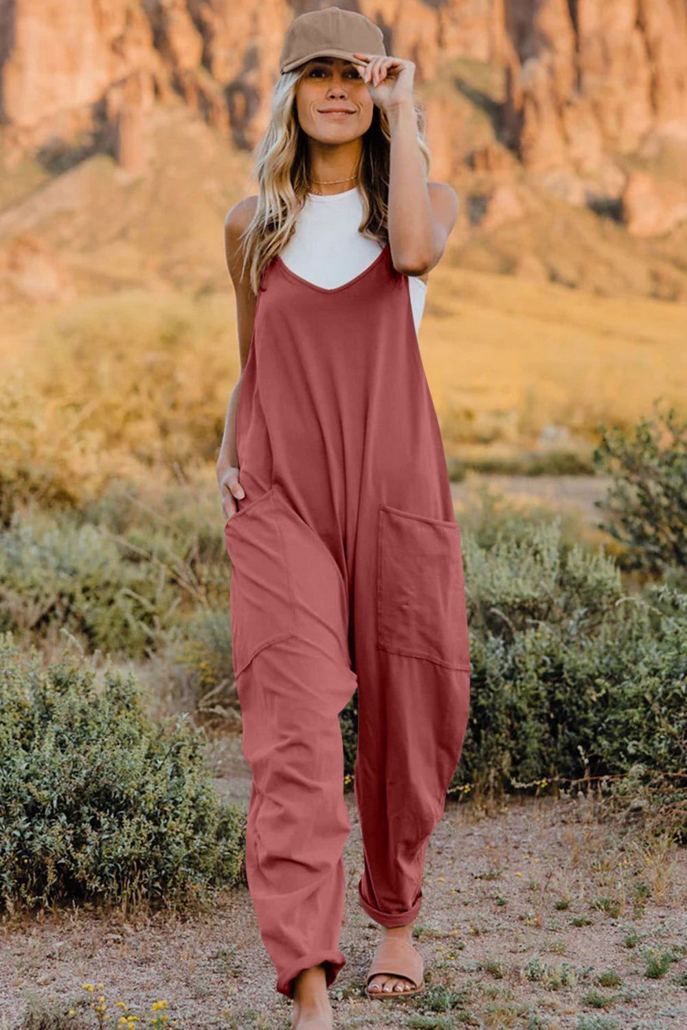 Double Take Full Size V - Neck Sleeveless Jumpsuit with Pockets - Bitsy Gypsy Boutique