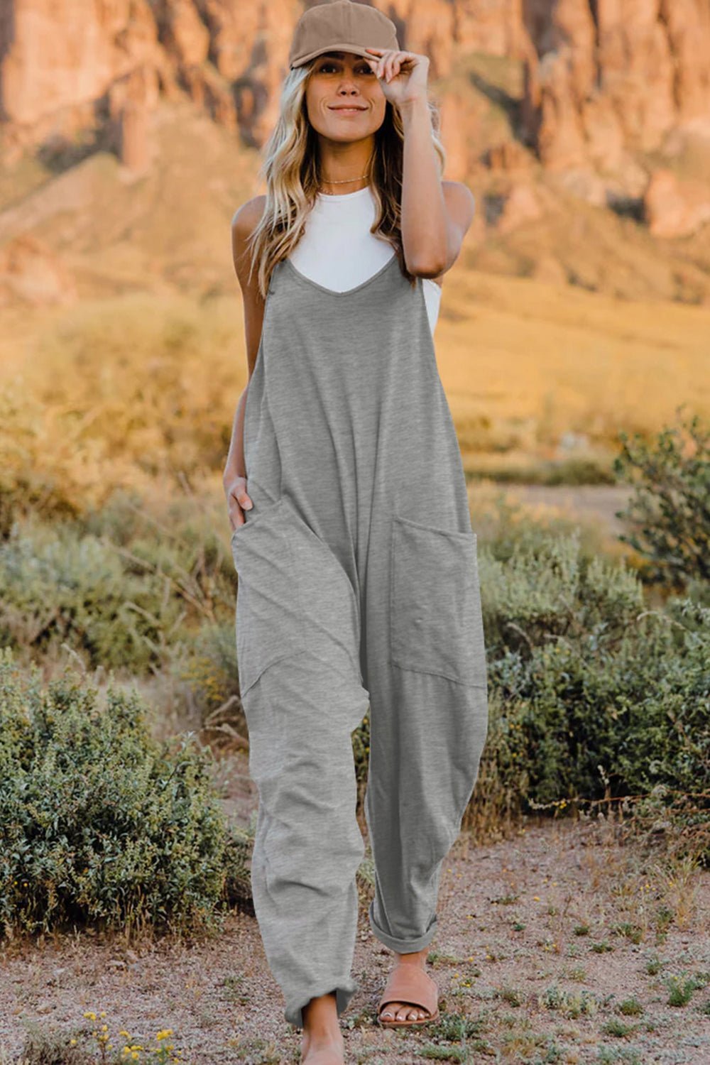 Double Take Full Size V - Neck Sleeveless Jumpsuit with Pockets - Bitsy Gypsy Boutique