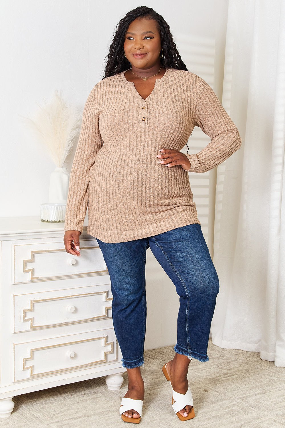 Double Take Notched Neck Ribbed Long Sleeve T - Shirt - Bitsy Gypsy Boutique