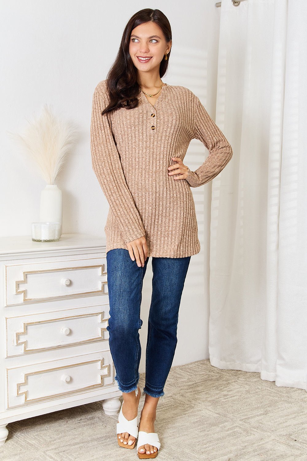 Double Take Notched Neck Ribbed Long Sleeve T - Shirt - Bitsy Gypsy Boutique