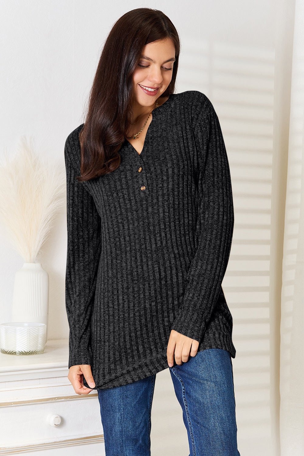 Double Take Notched Neck Ribbed Long Sleeve T - Shirt - Bitsy Gypsy Boutique