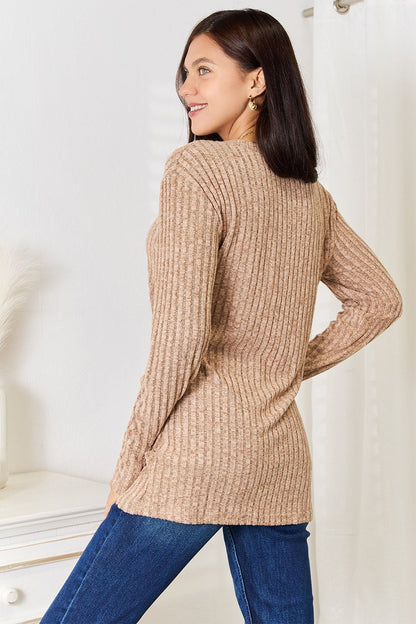 Double Take Notched Neck Ribbed Long Sleeve T - Shirt - Bitsy Gypsy Boutique