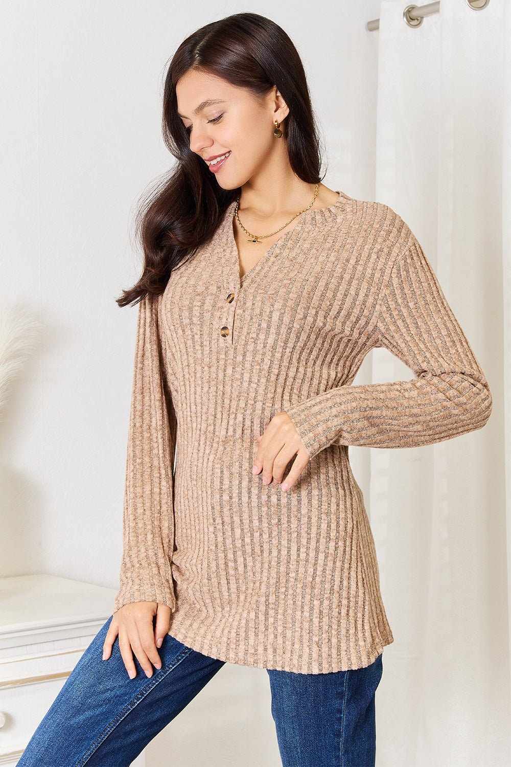 Double Take Notched Neck Ribbed Long Sleeve T - Shirt - Bitsy Gypsy Boutique