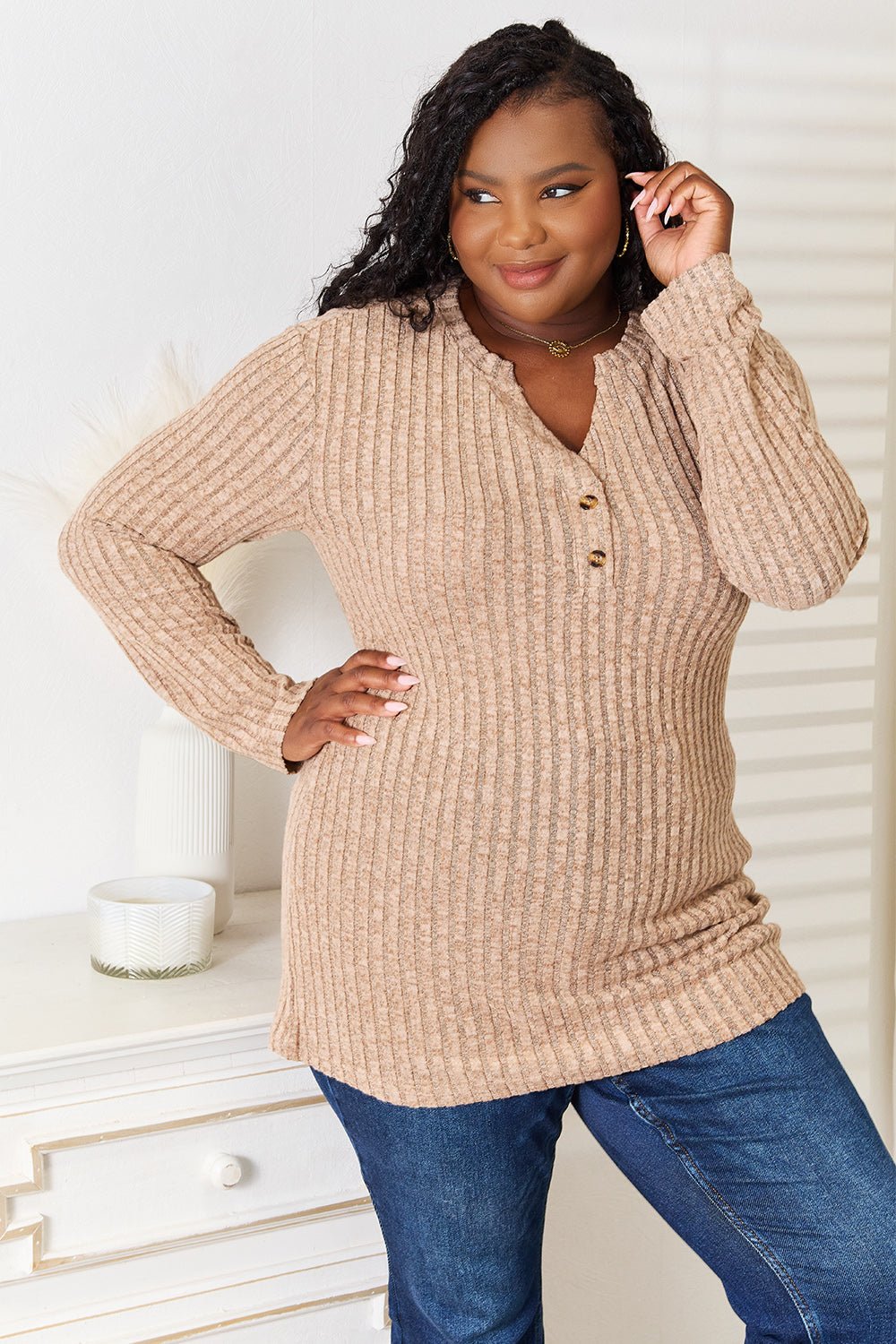 Double Take Notched Neck Ribbed Long Sleeve T - Shirt - Bitsy Gypsy Boutique