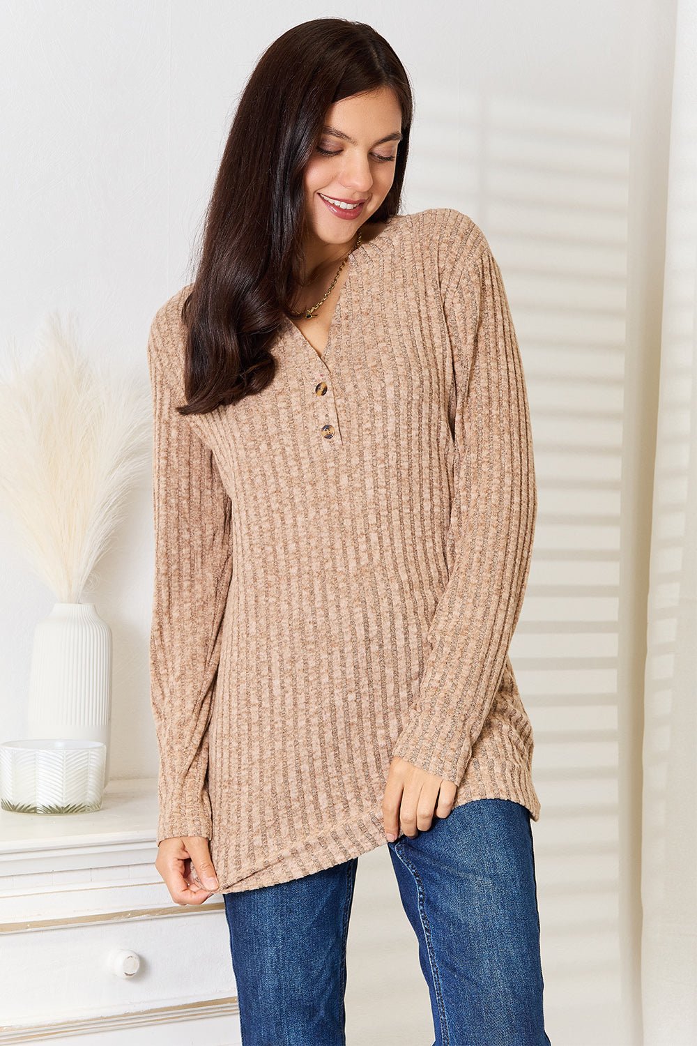 Double Take Notched Neck Ribbed Long Sleeve T - Shirt - Bitsy Gypsy Boutique